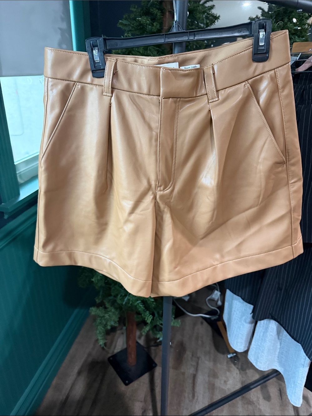 Abercrombie & Fitch Camel Faux Leather High-Waist Pleated Shorts